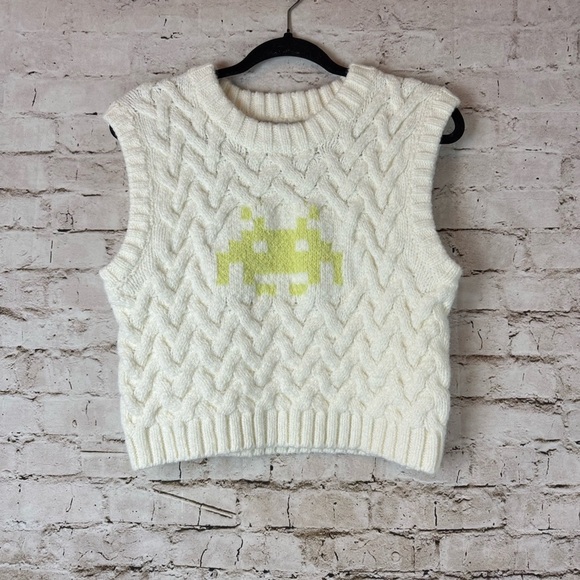 ZARA Women's Large X Space Invaders Pacman Rachatte Crew Neck Sweater Vest Crop - Picture 2 of 8